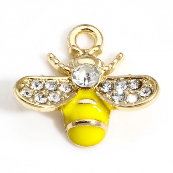 Picture of 10 PCs Zinc Based Alloy Insect Charms Gold Plated Yellow Bee Animal Enamel Clear Rhinestone 17mm x 16mm