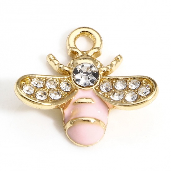 Picture of 10 PCs Zinc Based Alloy Insect Charms Gold Plated Pink Bee Animal Enamel Clear Rhinestone 17mm x 16mm