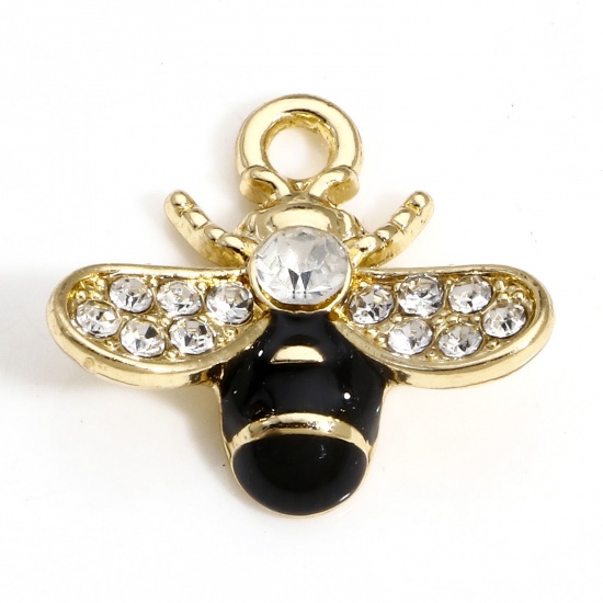 Picture of 10 PCs Zinc Based Alloy Insect Charms Gold Plated Black Bee Animal Enamel Clear Rhinestone 17mm x 16mm