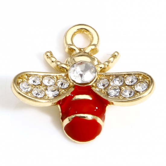 Picture of 10 PCs Zinc Based Alloy Insect Charms Gold Plated Red Bee Animal Enamel Clear Rhinestone 17mm x 16mm
