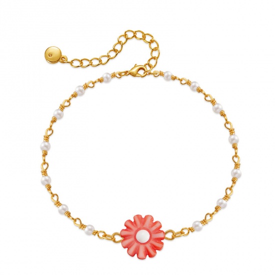 Picture of 1 Piece Brass Pastoral Style Bracelets Daisy Flower Gold Plated Orange Pink 17cm(6 6/8") long                                                                                                                                                                 