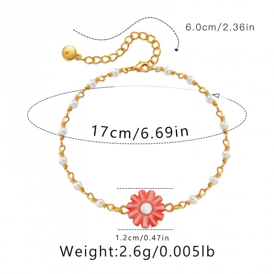 Picture of 1 Piece Brass Pastoral Style Bracelets Daisy Flower Gold Plated Orange Pink 17cm(6 6/8") long                                                                                                                                                                 