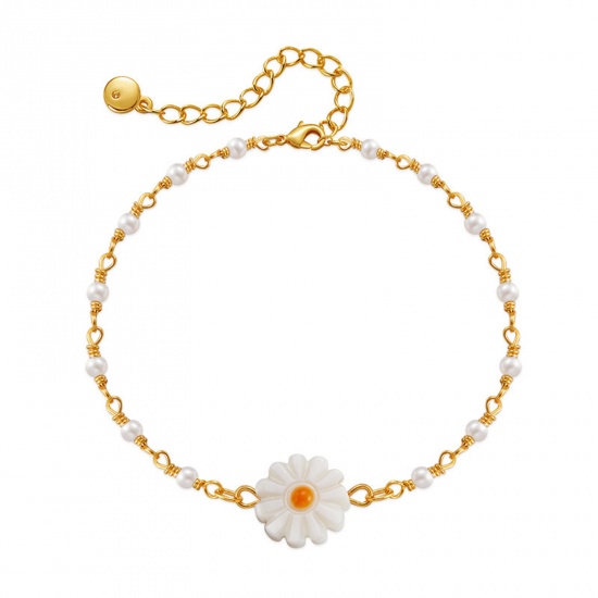 Picture of 1 Piece Brass Pastoral Style Bracelets Daisy Flower Gold Plated White 17cm(6 6/8") long                                                                                                                                                                       