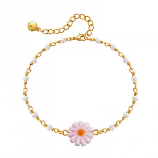 Picture of 1 Piece Brass Pastoral Style Bracelets Daisy Flower Gold Plated Pale Lilac 17cm(6 6/8") long                                                                                                                                                                  