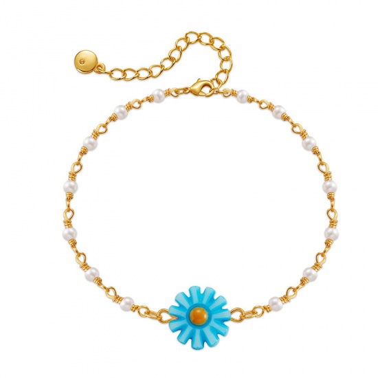 Picture of 1 Piece Brass Pastoral Style Bracelets Daisy Flower Gold Plated Blue 17cm(6 6/8") long                                                                                                                                                                        