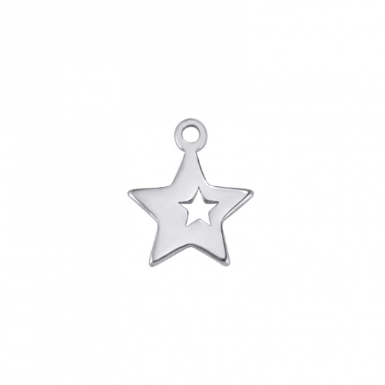 Picture of 5 PCs 304 Stainless Steel Charms Silver Tone Pentagram Star Hollow 9mm Dia., 10.5mm