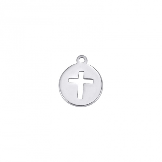 Picture of 5 PCs 304 Stainless Steel Charms Silver Tone Round Cross Hollow 9mm Dia., 11mm