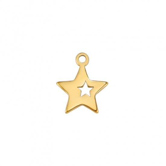 Picture of 5 PCs 304 Stainless Steel Charms Gold Plated Pentagram Star Hollow 9mm Dia., 10.5mm