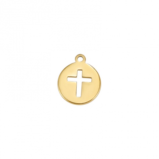 Picture of 5 PCs 304 Stainless Steel Charms Gold Plated Round Cross Hollow 9mm Dia., 11mm