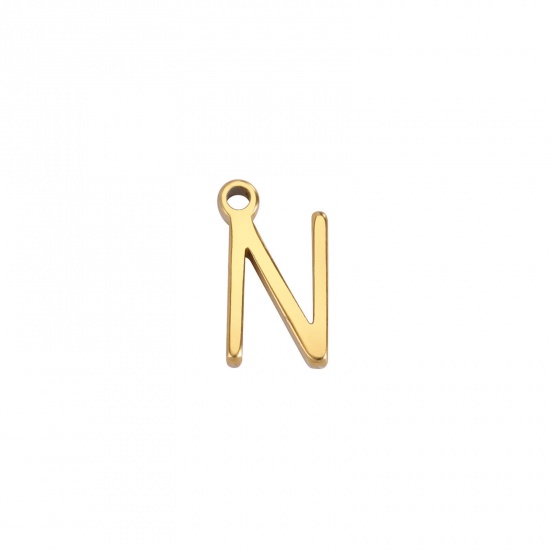 Image de 1 Pièce Breloques en 304 Acier Inoxydable Mini Doré Alphabet Initial/ Lettre Majuscule Gravé Mots" N " 8mm x 5mm
