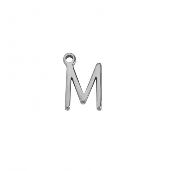 Image de 1 Pièce Breloques en 304 Acier Inoxydable Mini Argent Mat Alphabet Initial/ Lettre Majuscule Gravé Mots" M " 8mm x 5.5mm