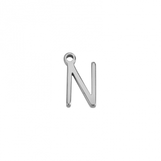 Image de 1 Pièce Breloques en 304 Acier Inoxydable Mini Argent Mat Alphabet Initial/ Lettre Majuscule Gravé Mots" N " 8mm x 5mm