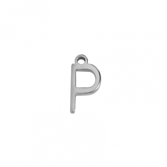 Image de 1 Pièce Breloques en 304 Acier Inoxydable Mini Argent Mat Alphabet Initial/ Lettre Majuscule Gravé Mots" P " 8mm x 4mm