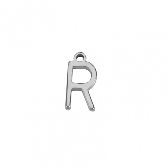Image de 1 Pièce Breloques en 304 Acier Inoxydable Mini Argent Mat Alphabet Initial/ Lettre Majuscule Gravé Mots" R " 8mm x 4mm