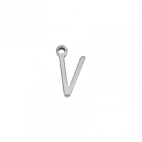 Image de 1 Pièce Breloques en 304 Acier Inoxydable Mini Argent Mat Alphabet Initial/ Lettre Majuscule Gravé Mots" V " 8mm x 5mm