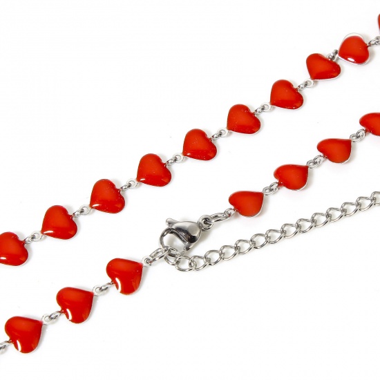 Bild von 1 Strang 304 Edelstahl Valentinstag Handgefertigte Gliederkette Halskette Herz Silberfarbe Rot Doppelseitige Emaille 45cm lang, Kettengröße: 7mm