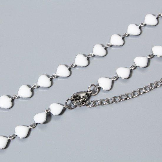 Bild von 1 Strang 304 Edelstahl Valentinstag Handgefertigte Gliederkette Halskette Herz Silberfarbe Weiß Doppelseitige Emaille 45cm lang, Kettengröße: 7mm