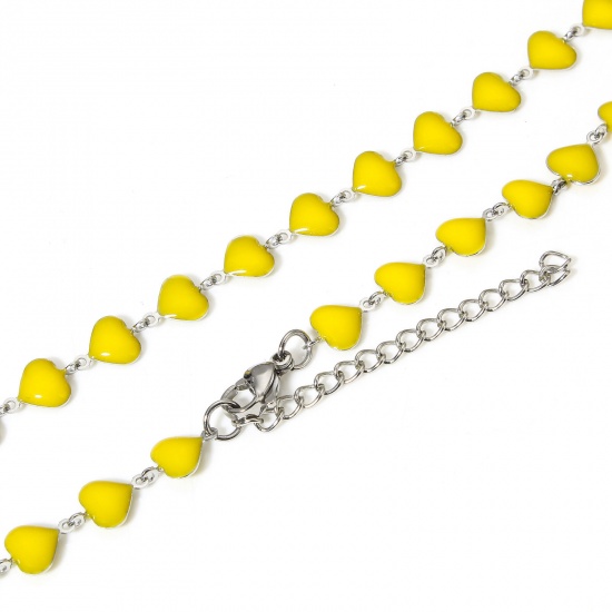 Bild von 1 Strang 304 Edelstahl Valentinstag Handgefertigte Gliederkette Halskette Herz Silberfarbe Gelb Doppelseitige Emaille 45cm lang, Kettengröße: 7mm