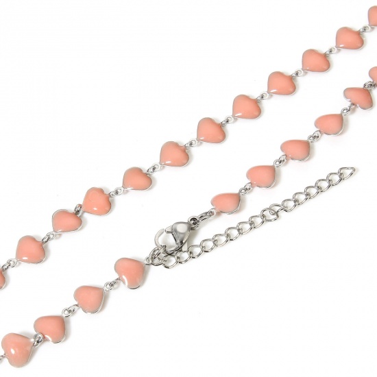 Bild von 1 Strang 304 Edelstahl Valentinstag Handgefertigte Gliederkette Halskette Herz Silberfarbe Rosa Doppelseitige Emaille 45cm lang, Kettengröße: 7mm
