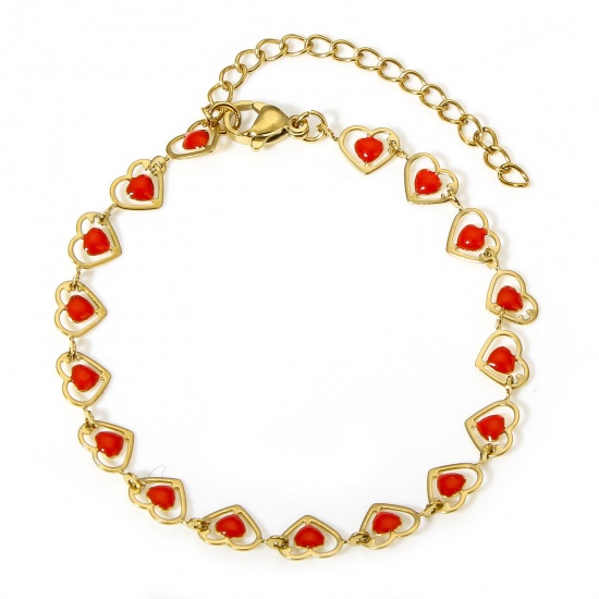 Image de 1 Pièce Bracelets Chaîne à Maillons Faite à la Main en 304 Acier Inoxydable Plaqué Or 18K Rouge Cœur Émail Double Face 17cm long