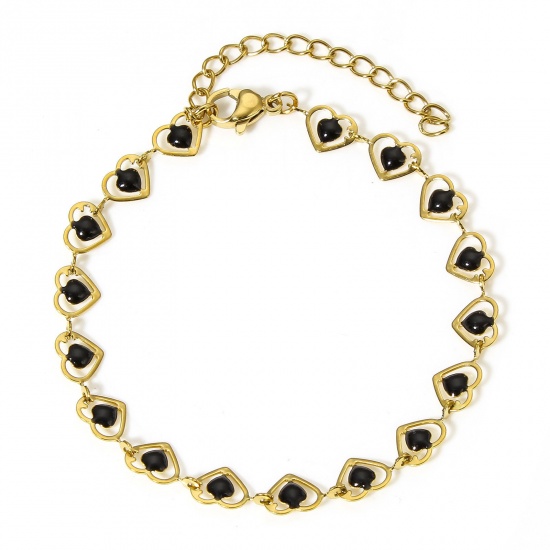 Image de 1 Pièce Bracelets Chaîne à Maillons Faite à la Main en 304 Acier Inoxydable Plaqué Or 18K Noir Cœur Émail Double Face 17cm long