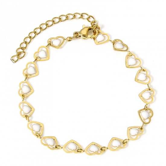 Image de 1 Pièce Bracelets Chaîne à Maillons Faite à la Main en 304 Acier Inoxydable Plaqué Or 18K Blanc Cœur Émail Double Face 17cm long