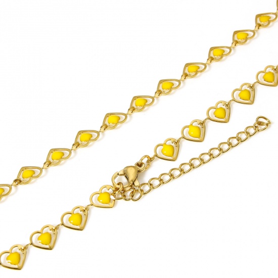 Bild von 1 Strang 304 Edelstahl Handgefertigte Gliederkette Halskette Herz 18K Gold Gelb Doppelseitige Emaille 45cm lang, Kettengröße: 6mm