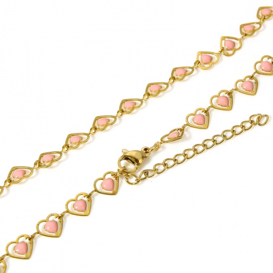 Bild von 1 Strang 304 Edelstahl Handgefertigte Gliederkette Halskette Herz 18K Gold Rosa Doppelseitige Emaille 45cm lang, Kettengröße: 6mm