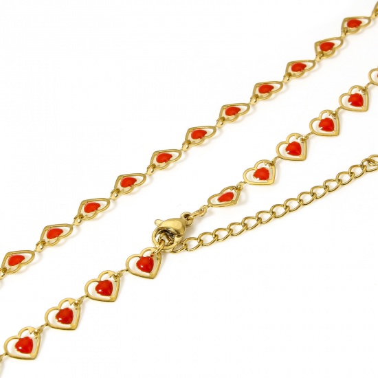 Bild von 1 Strang 304 Edelstahl Handgefertigte Gliederkette Halskette Herz 18K Gold Rot Doppelseitige Emaille 45cm lang, Kettengröße: 6mm