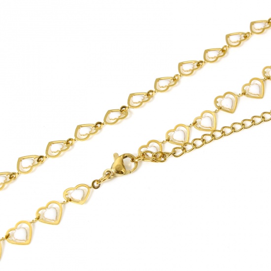 Bild von 1 Strang 304 Edelstahl Handgefertigte Gliederkette Halskette Herz 18K Gold Weiß Doppelseitige Emaille 45cm lang, Kettengröße: 6mm