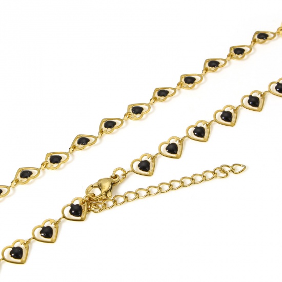 Bild von 1 Strang 304 Edelstahl Handgefertigte Gliederkette Halskette Herz 18K Gold Schwarz Doppelseitige Emaille 45cm lang, Kettengröße: 6mm