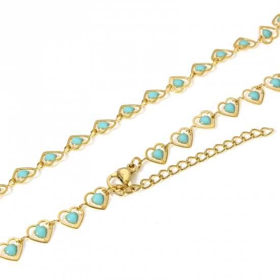Bild von 1 Strang 304 Edelstahl Handgefertigte Gliederkette Halskette Herz 18K Gold Cyan Doppelseitige Emaille 45cm lang, Kettengröße: 6mm