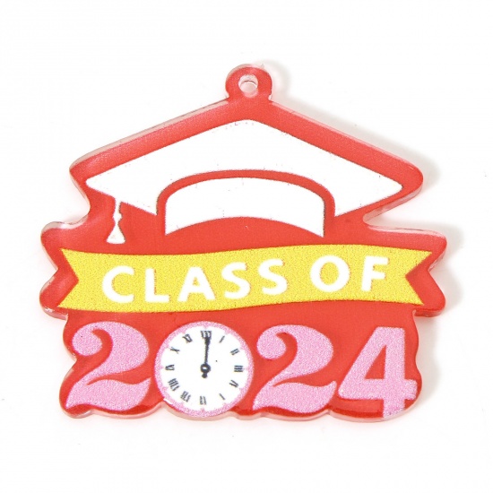 Picture of 10 PCs Acrylic Year Pendants Doctorial Hat Red Message " 2024 " 4cm x 3.6cm