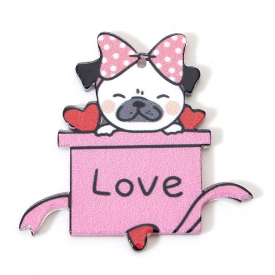 Picture of 10 PCs Acrylic Valentine's Day Pendants Dog Animal Gift Box Pink Message " LOVE " 4.2cm x 4.2cm