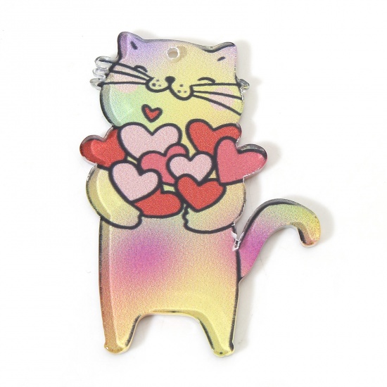 Immagine di 10 Pz Acrilato San Valentino Ciondoli Gatto Cuore Multicolore 4.7cm x 3.5cm