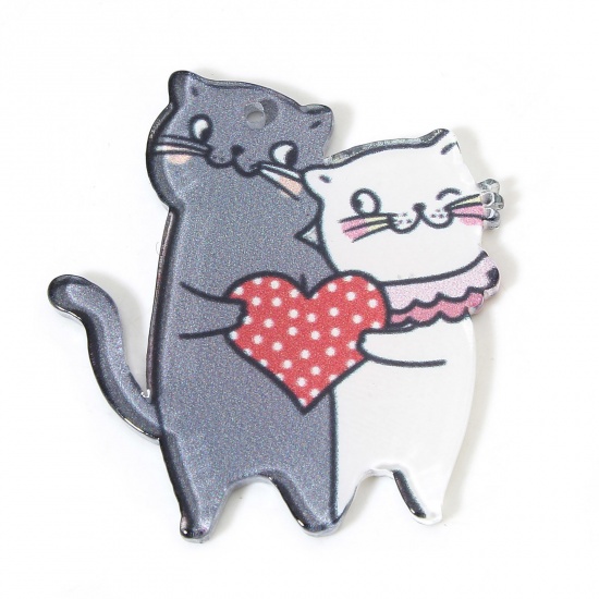 Picture of 10 PCs Acrylic Valentine's Day Pendants Cat Animal Heart Multicolor 4cm x 3.7cm