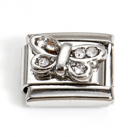 Image de 1 Piece 304 Stainless Steel Italian Charm Links For DIY Bracelet Jewelry Making Silver Tone Rectangle Butterfly 10mm x 9mm