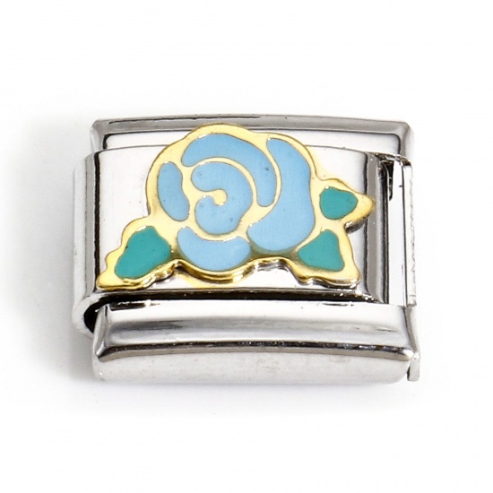 Image de 1 Piece 304 Stainless Steel Italian Charm Links For DIY Bracelet Jewelry Making Silver Tone Rectangle Rose Flower 10mm x 9mm