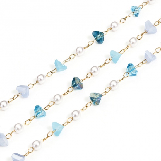 Picture of 1 M Copper & Glass Link Cable Chain Findings Silver Tone Blue Irregular Imitation Pearl 6mm