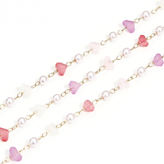 Picture of 1 M Copper & Glass Link Cable Chain Findings Silver Tone Pink Irregular Imitation Pearl 6mm