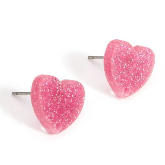 Picture of 10 PCs Acrylic Valentine's Day Ear Post Stud Earring With Loop Connector Accessories Findings Heart Pink Glitter 14mm x 12mm, Post/ Wire Size: (21 gauge)