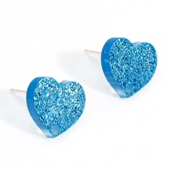 Picture of 10 PCs Acrylic Valentine's Day Ear Post Stud Earring With Loop Connector Accessories Findings Heart Blue Glitter 14mm x 11mm, Post/ Wire Size: (21 gauge)