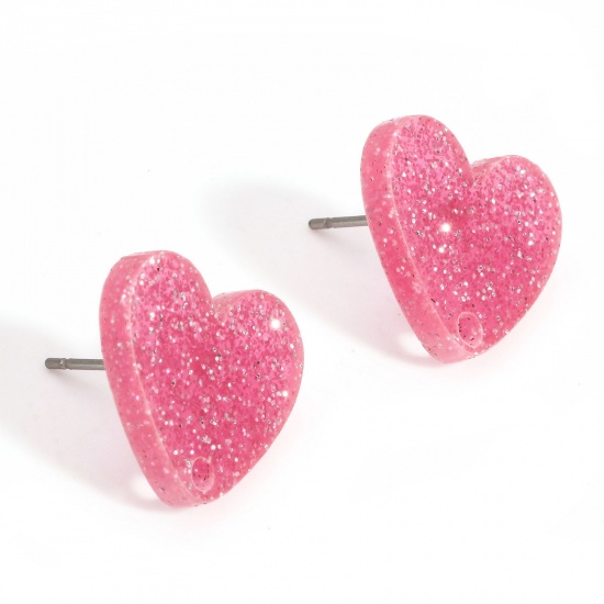 Picture of 10 PCs Acrylic Valentine's Day Ear Post Stud Earring With Loop Connector Accessories Findings Heart Pink Glitter 16mm x 14mm, Post/ Wire Size: (21 gauge)