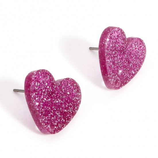Picture of 10 PCs Acrylic Valentine's Day Ear Post Stud Earring With Loop Connector Accessories Findings Heart Purple Glitter 16mm x 14mm, Post/ Wire Size: (21 gauge)