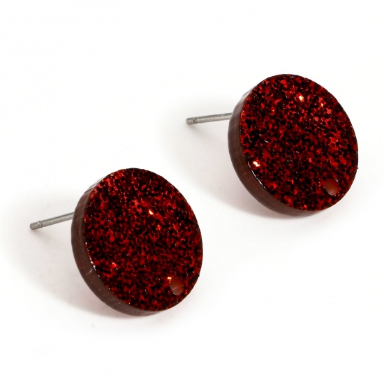 Picture of 10 PCs Acrylic Valentine's Day Ear Post Stud Earring With Loop Connector Accessories Findings Round Dark Red Glitter 14mm Dia., Post/ Wire Size: (21 gauge)