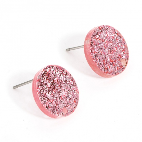 Picture of 10 PCs Acrylic Valentine's Day Ear Post Stud Earring With Loop Connector Accessories Findings Round Pink Glitter 14mm Dia., Post/ Wire Size: (21 gauge)