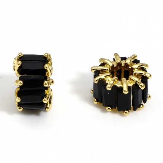 Picture of 1 Piece Brass Beads For DIY Charm Jewelry Making 18K Real Gold Plated Round Black Cubic Zirconia About 9mm Dia., Hole: Approx 3.2mm                                                                                                                           