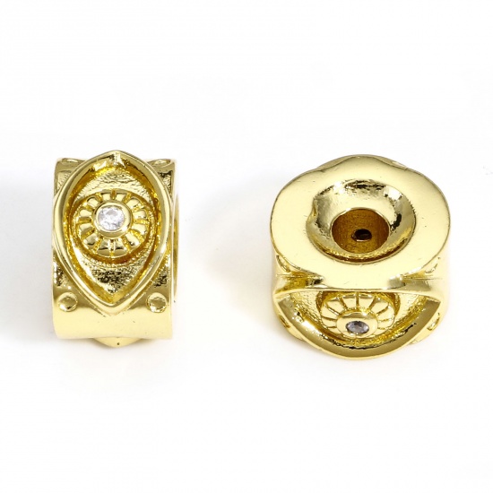 Picture of 1 Piece Brass Beads For DIY Charm Jewelry Making 18K Real Gold Plated Cylinder Eye Clear Cubic Zirconia About 11mm x 7mm, Hole: Approx 3mm                                                                                                                    