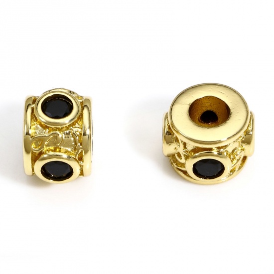 Picture of 1 Piece Brass Beads For DIY Charm Jewelry Making 18K Real Gold Plated Cylinder Black Cubic Zirconia About 9mm x 6mm, Hole: Approx 3.5mm                                                                                                                       