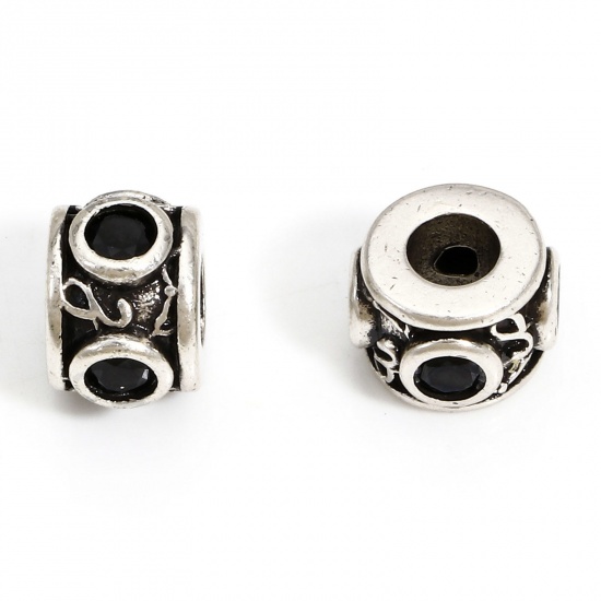 Picture of 1 Piece Brass Beads For DIY Charm Jewelry Making Antique Silver Color Cylinder Black Cubic Zirconia About 9mm x 6mm, Hole: Approx 3.5mm                                                                                                                       